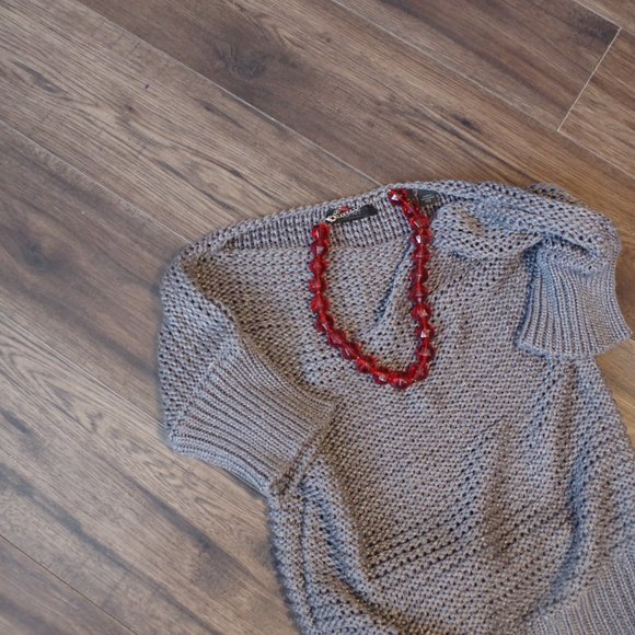 Gray Knit Sprit Sweater& Faux Leather Skirt - Picture 4 of 15